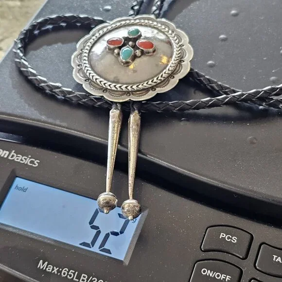 Navajo Turquoise And Coral Sterling Silver Bolo Tie Native American Vintage - Picture 11 of 11